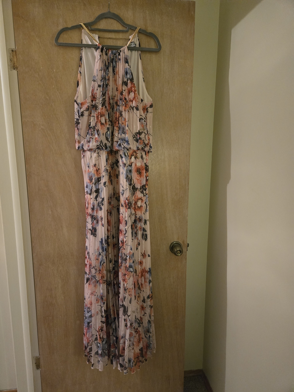 Floral Pleated Floor Length Dress With Gold Metallic Collar